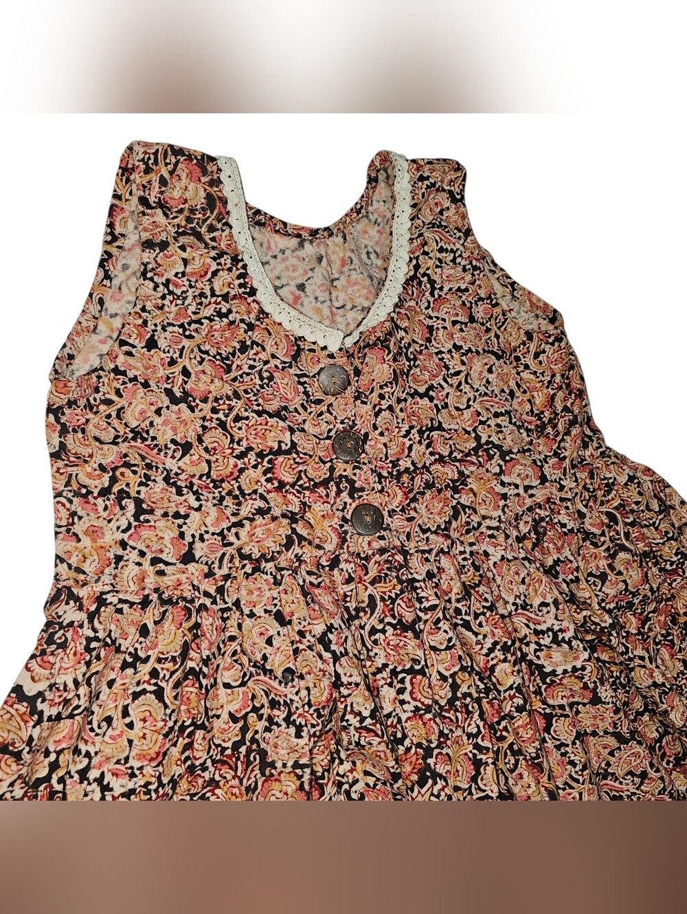 Vintage Paisley Floral Midi Dress Sleeveless Boho Lace Trim Multicolor Pattern - Picture 5 of 5